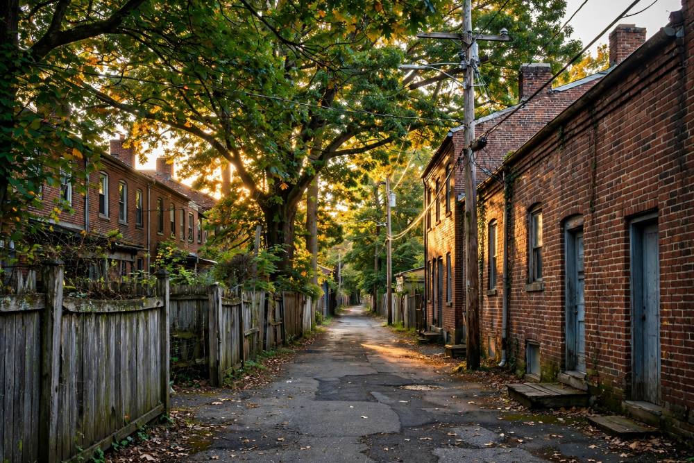 Narrow alley behind pre-war brick rowhouses in Red Lion borough with mature trees and utility poles