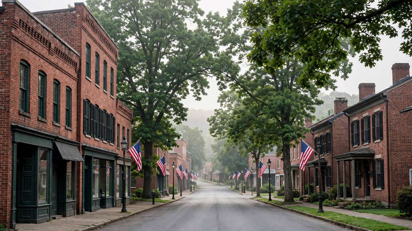 Historic Main Street in Red Lion borough with pre-war brick buildings and mature street trees