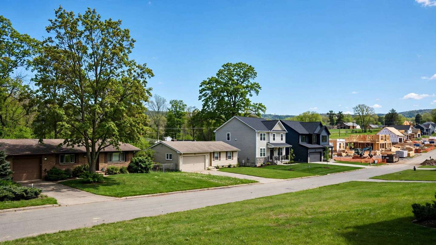 Township subdivision near Red Lion with 1970s and newer homes on wide lawns and construction in the distance