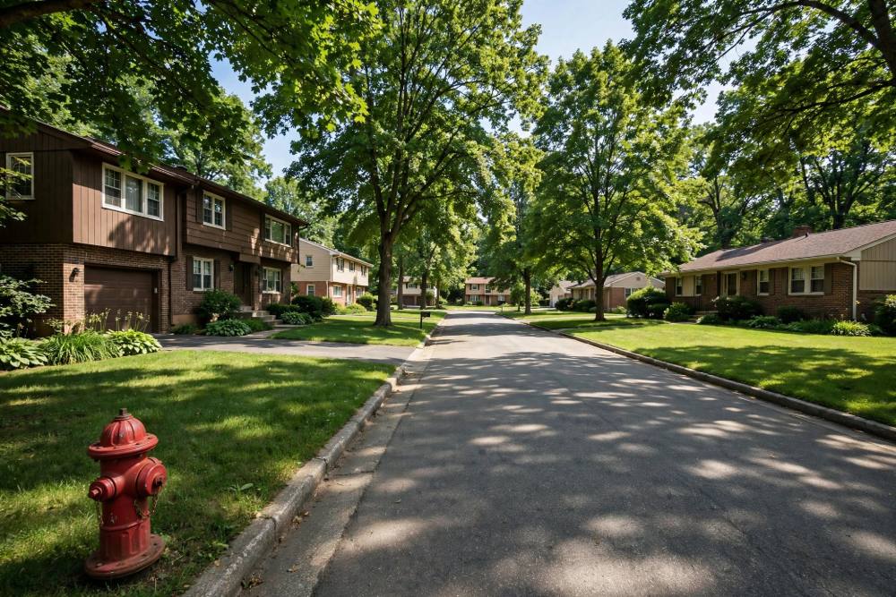 Subdivision street in Windsor Township near Red Lion with split-level homes, wide lawns and a fire hydrant at the curb