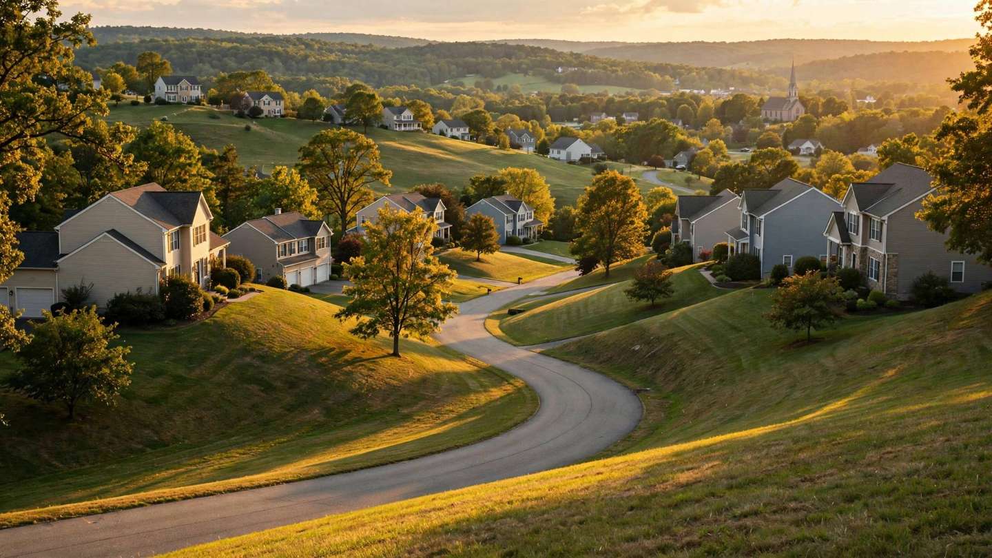Suburban homes on a rolling hillside at the Red Lion side of York Township at golden hour