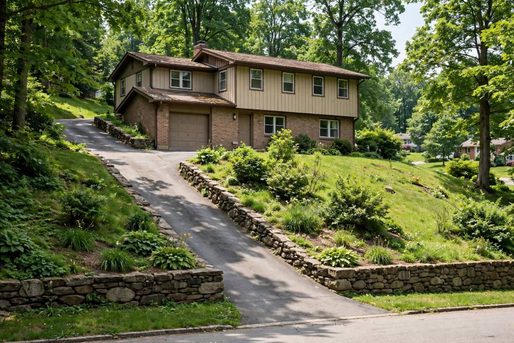 Split-level suburban home on a sloped lawn with a long downhill driveway on the Red Lion side of York Township