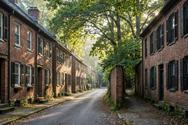 Historic borough street in Red Lion with pre-war brick rowhouses and a narrow alley