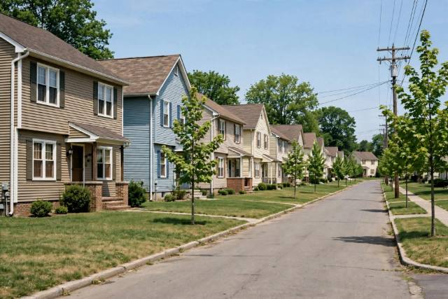 Subdivision street in Windsor Township near Red Lion with 1980s homes and wide lawns
