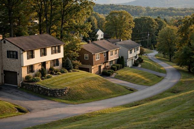 Split-level suburban homes on a hillside on the Red Lion side of York Township