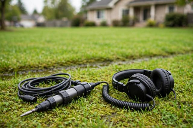 Acoustic leak detection equipment on a Red Lion lawn near a damp strip of grass
