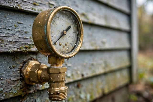 Pressure gauge on an outdoor faucet of a Red Lion home reading low