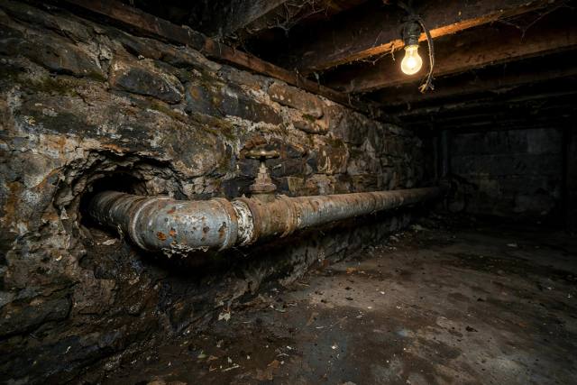 Old galvanized water service pipe entering through a stone basement wall in a Red Lion home