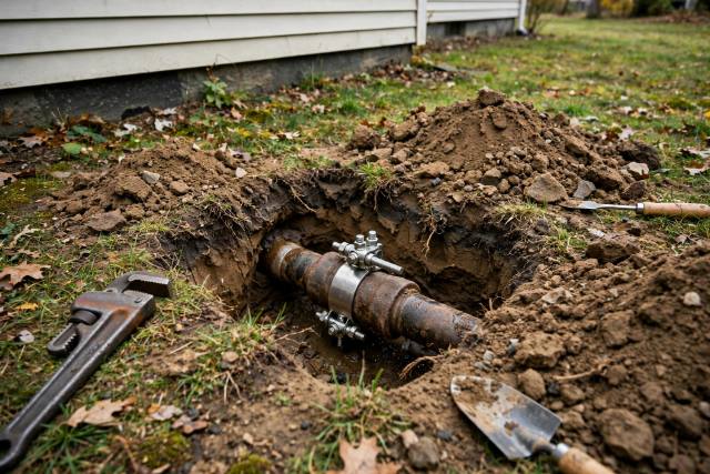 Targeted excavation in a Red Lion yard exposing a pipe section fitted with a repair clamp