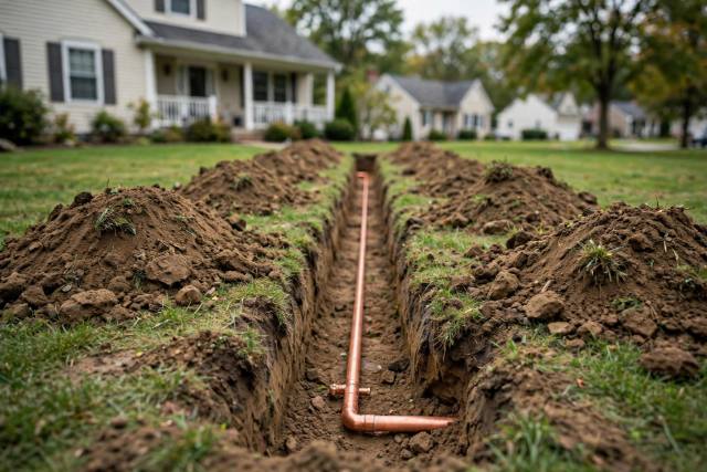 New copper water pipe laid in an open trench across a Red Lion lawn