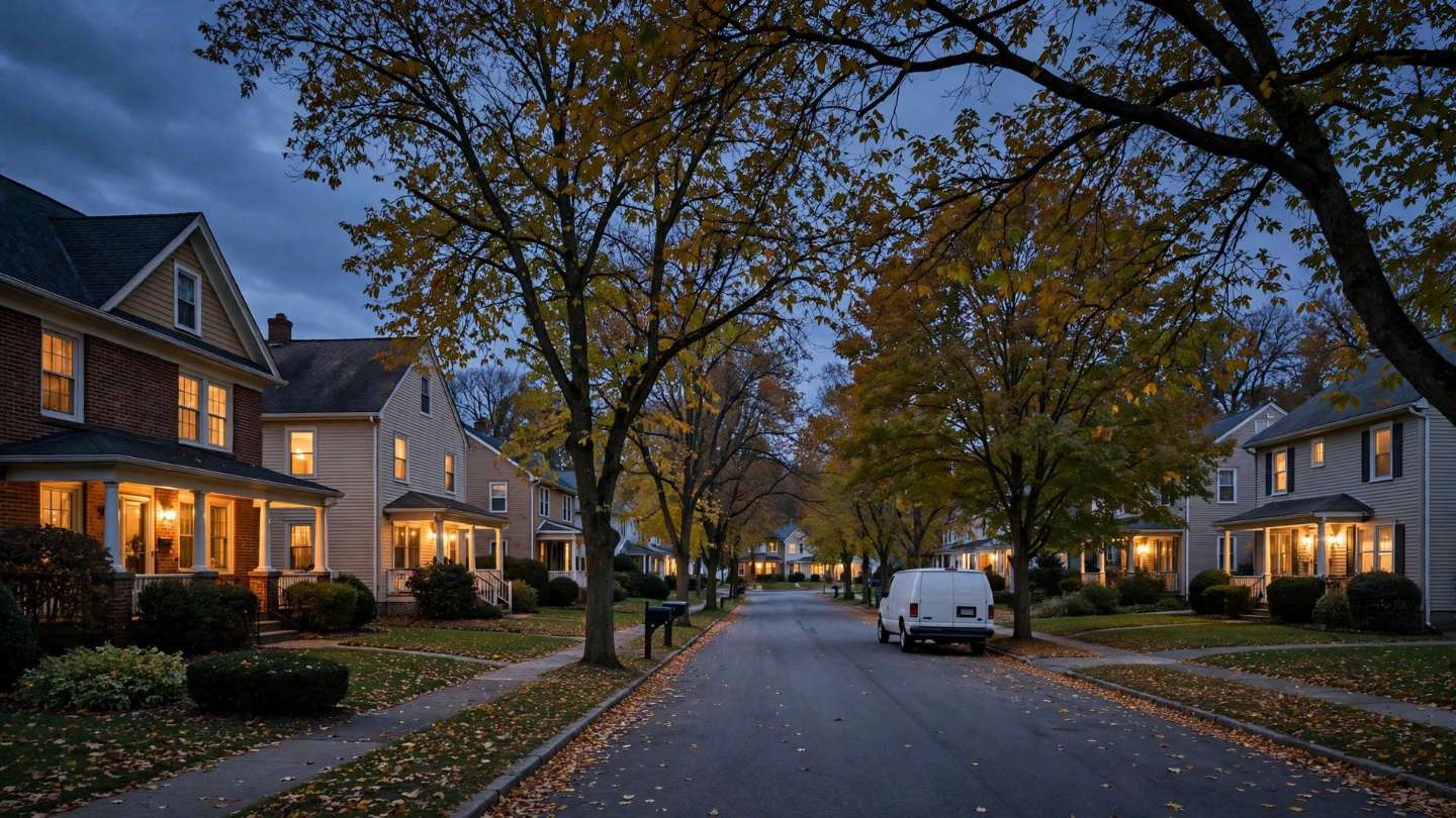 Quiet residential neighborhood in Red Lion at dusk with warm lights in the windows