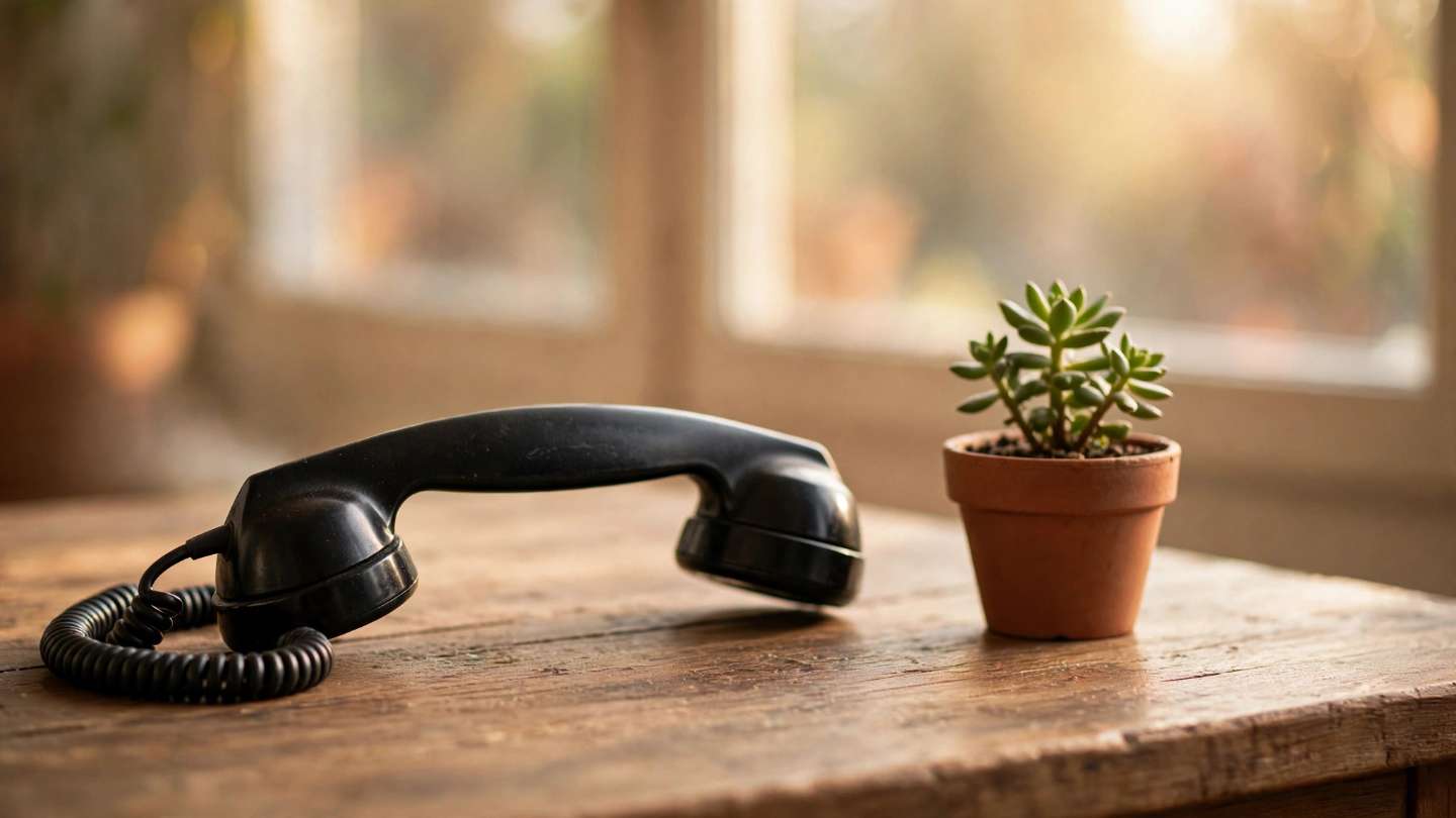 Telephone handset on a wooden desk in warm window light for calling Red Lion about a water line