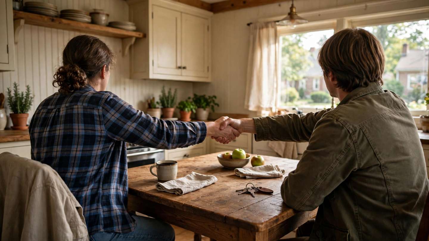 Two people shaking hands across a kitchen table in a Red Lion home, seen from behind