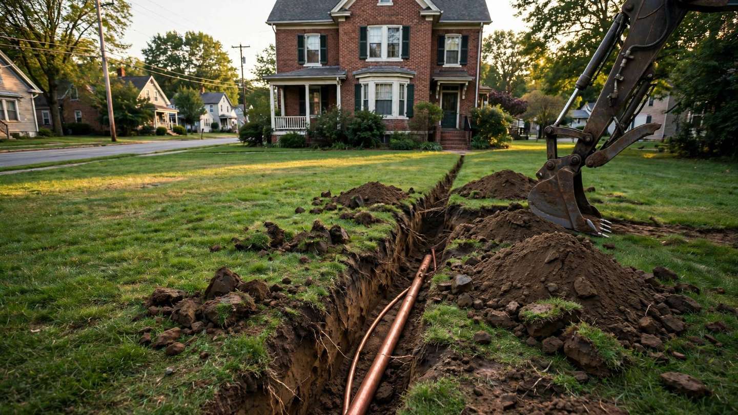 Open trench with new copper water pipe being laid across a lawn in front of a brick home in Red Lion