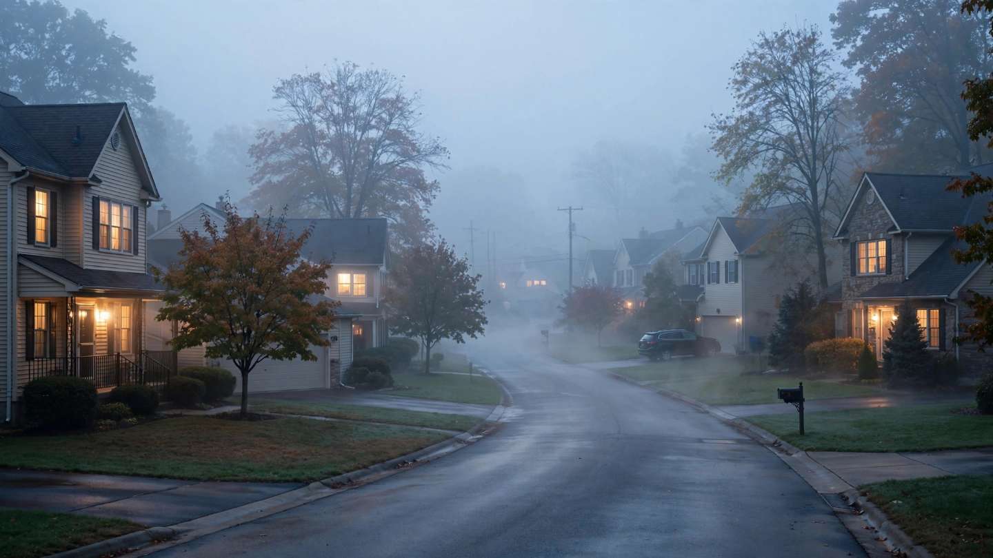 Quiet Red Lion suburban street at dawn in soft fog
