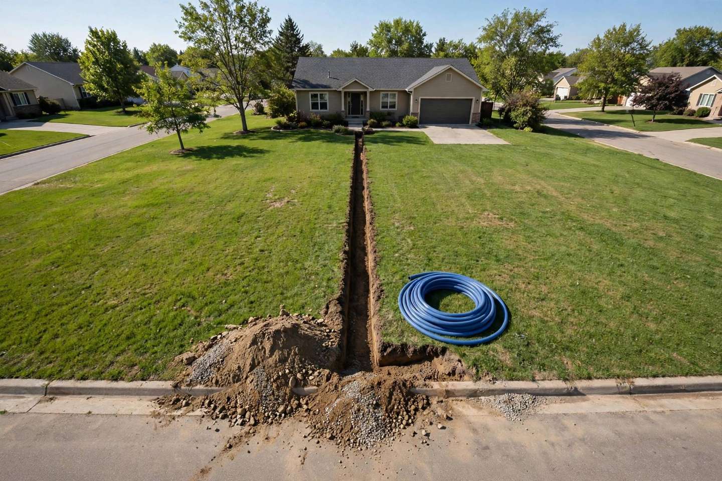Open trench with new water pipe running from a Red Lion street curb across a lawn to a house