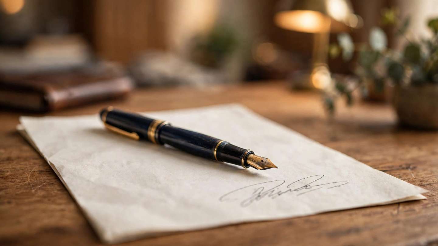 Fountain pen resting on a signed document on a wooden desk, Red Lion PA Main Water Line terms page