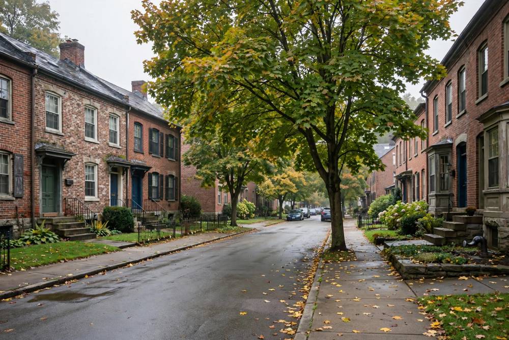 Pre-war brick rowhouses along a tree-lined street in Red Lion borough