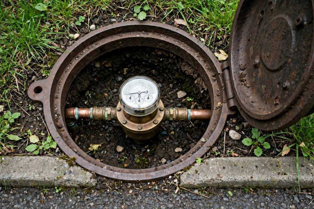 Open water meter pit at a residential curb in Red Lion showing the meter dial