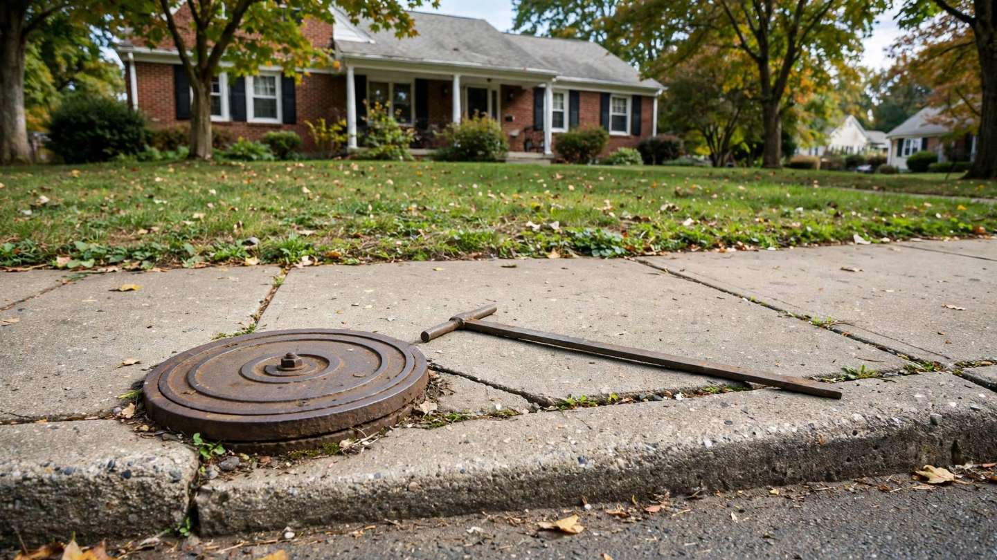 Curb box valve cover in a Red Lion sidewalk with a curb key tool lying beside it