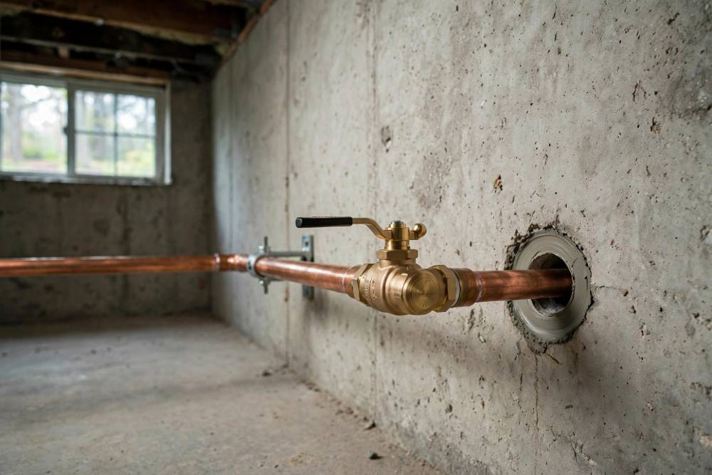 New brass ball-type main shut-off valve on a copper pipe where the water line enters a Red Lion basement