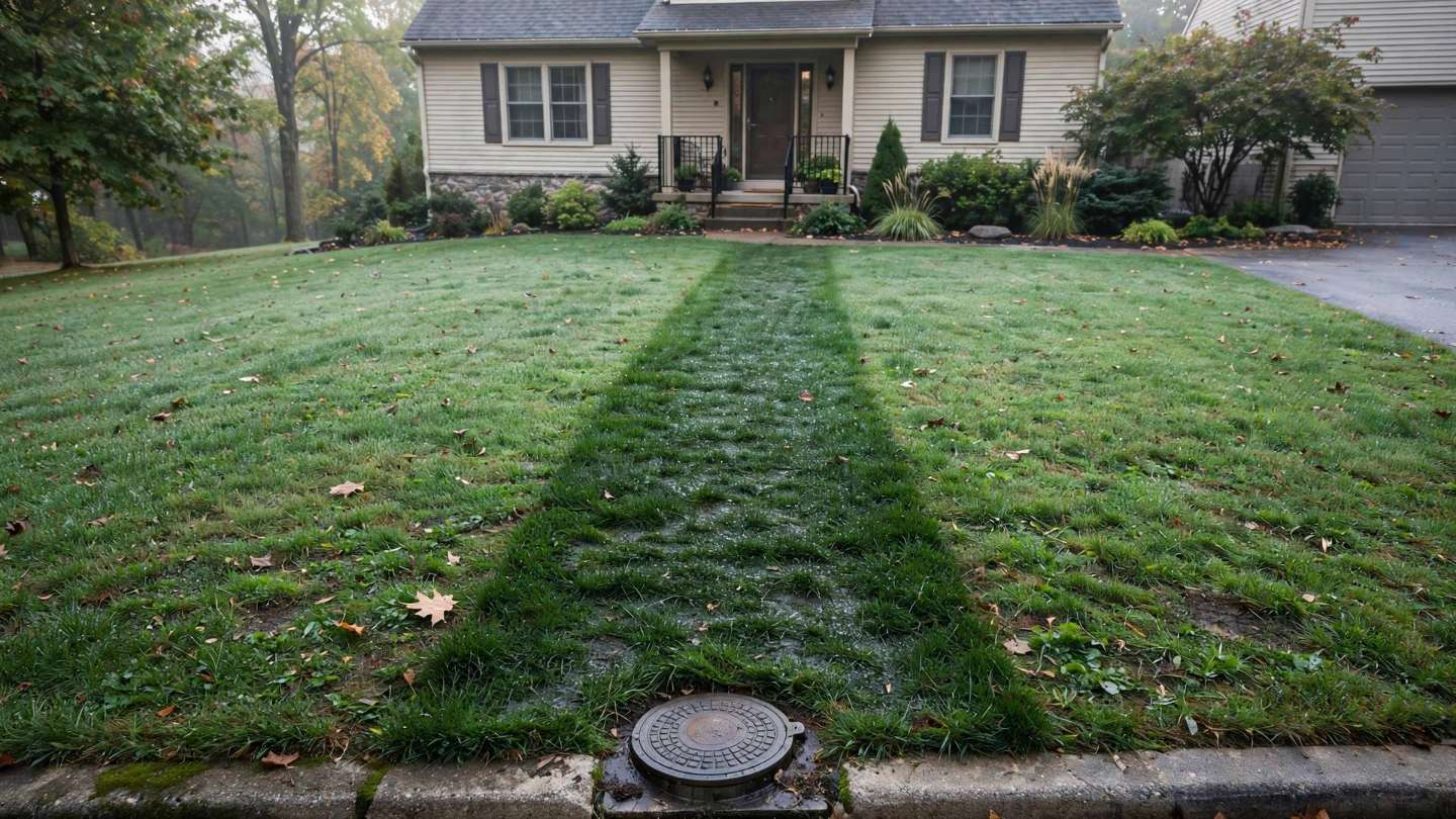 Wet strip of dark green grass running from a Red Lion curb toward a house, a sign of a buried water line leak
