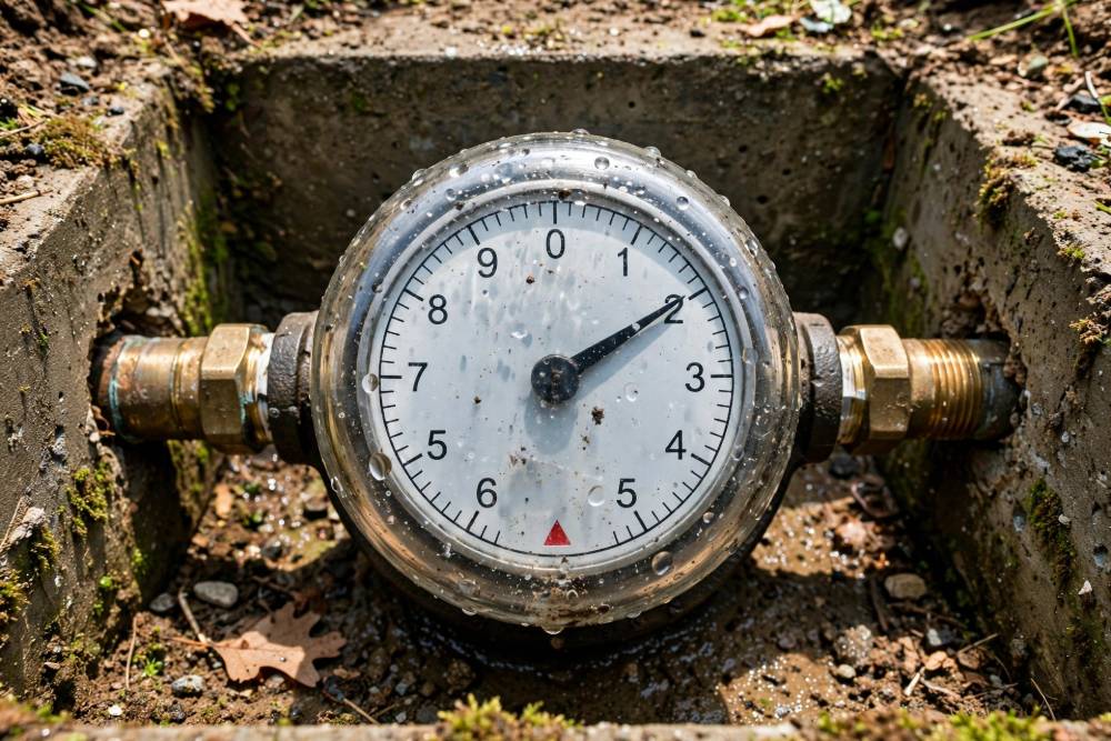 Close-up of a water meter dial in an underground pit in Red Lion used for leak detection