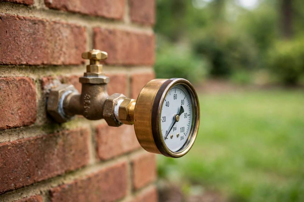 Brass pressure gauge on an outdoor faucet of a Red Lion brick home showing a low reading