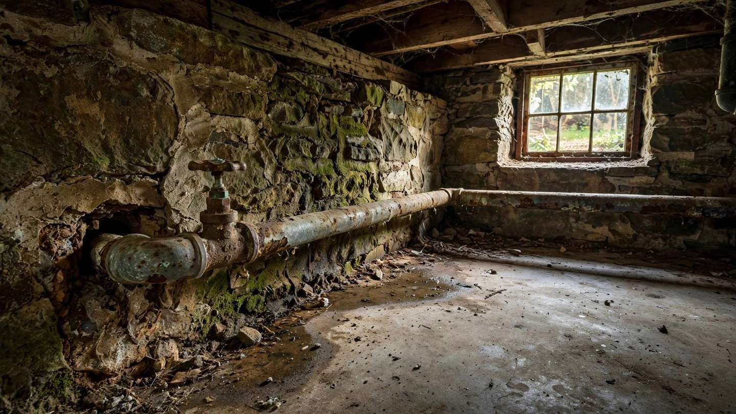 Old corroded galvanized water service pipe with a valve entering through a stone basement wall in a Red Lion home