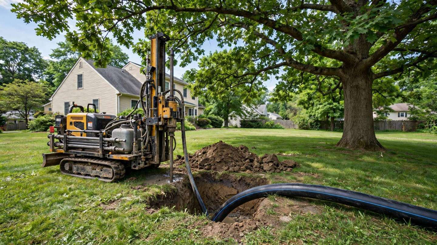 Trenchless directional drilling rig installing a new water line beneath an undisturbed Red Lion lawn