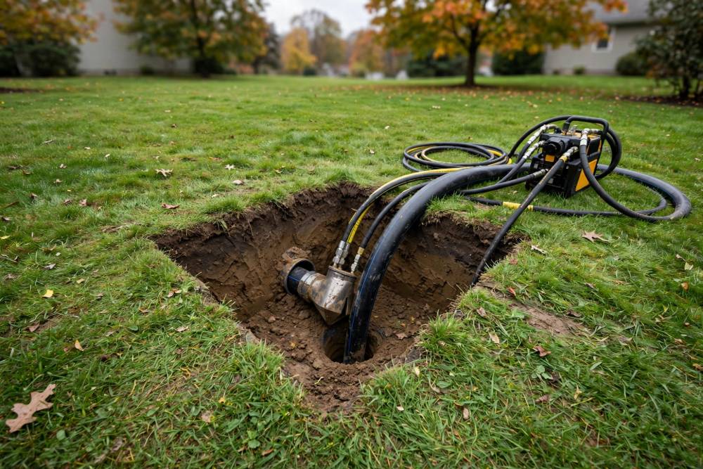 Small trenchless access pit in a Red Lion lawn with pipe bursting head and new pipe entering the ground